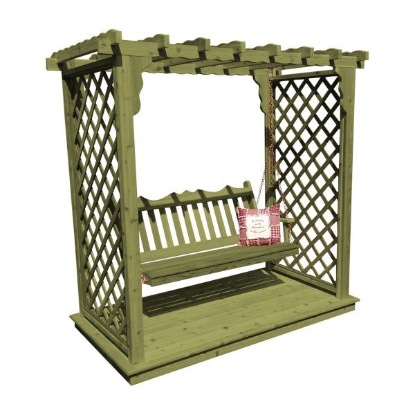 Western Red Cedar Covington Arbor with Deck &amp; Swing Porch Swing 6ft / Linden Leaf Stain