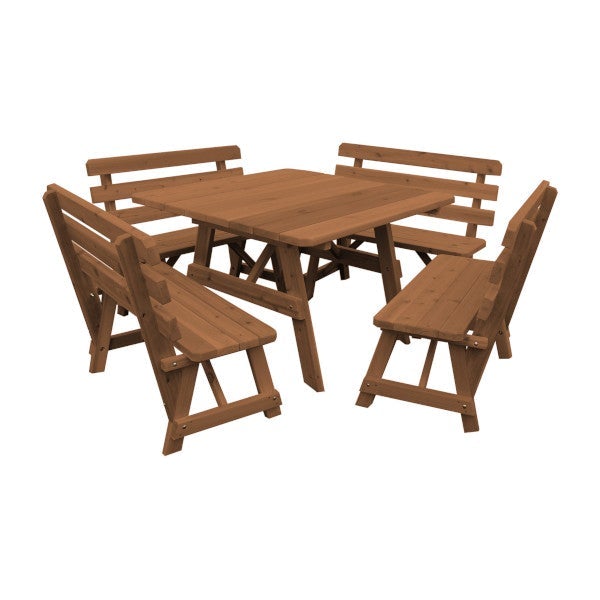 Western Red Cedar Square Table with 4 Backed Benches Picnic Table Oak Stain / Without Umbrella Hole
