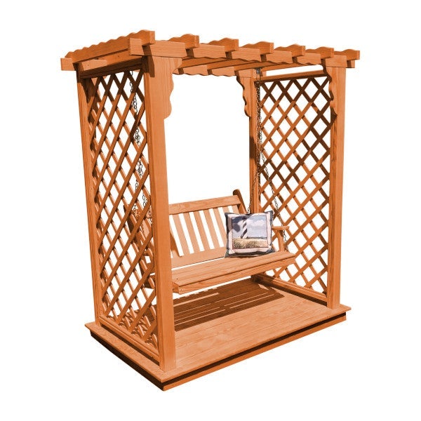 Yellow Pine Covington Arbor with Deck &amp; Swing Porch Swing 5ft / Cedar Stain