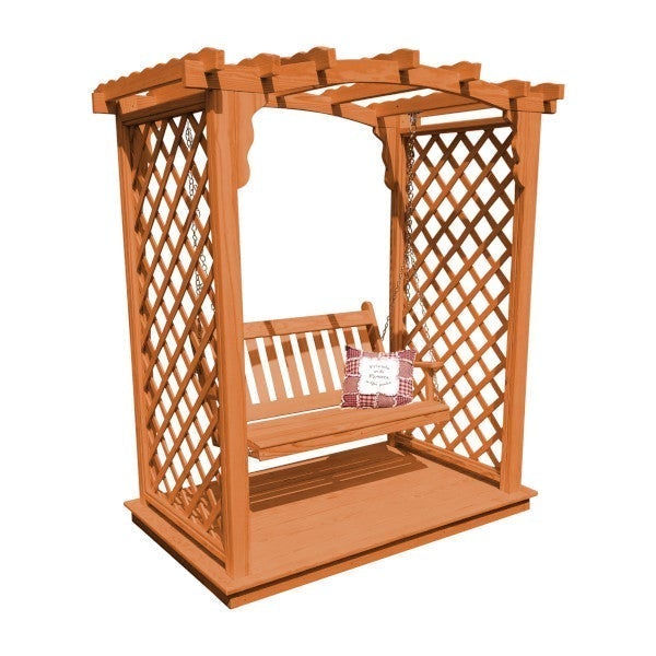 Yellow Pine Jamesport Arbor with Deck &amp; Swing Porch Swing 5ft / Cedar Stain