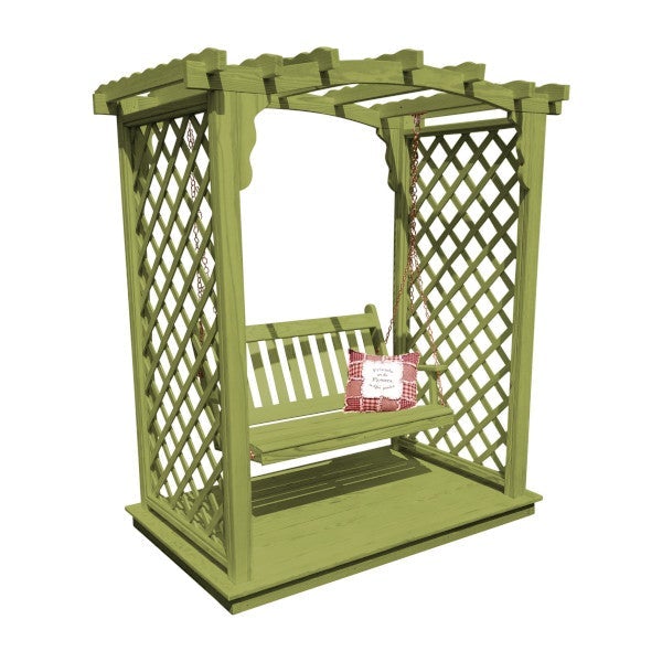 Yellow Pine Jamesport Arbor with Deck &amp; Swing Porch Swing 5ft / Linden Leaf Stain