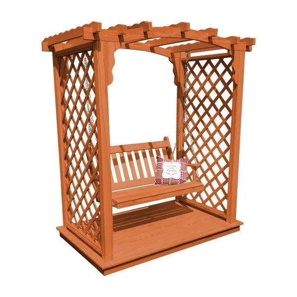 Yellow Pine Jamesport Arbor with Deck &amp; Swing Porch Swing 5ft / Redwood Stain