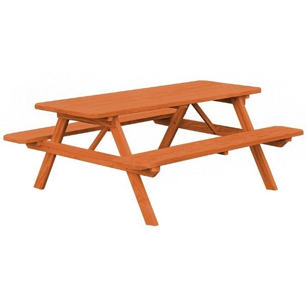 Yellow Pine Picnic Table with Attached Benches Size 6ft and 8ft Picnic Table 6ft / Redwood Stain / Without Umbrella Hole