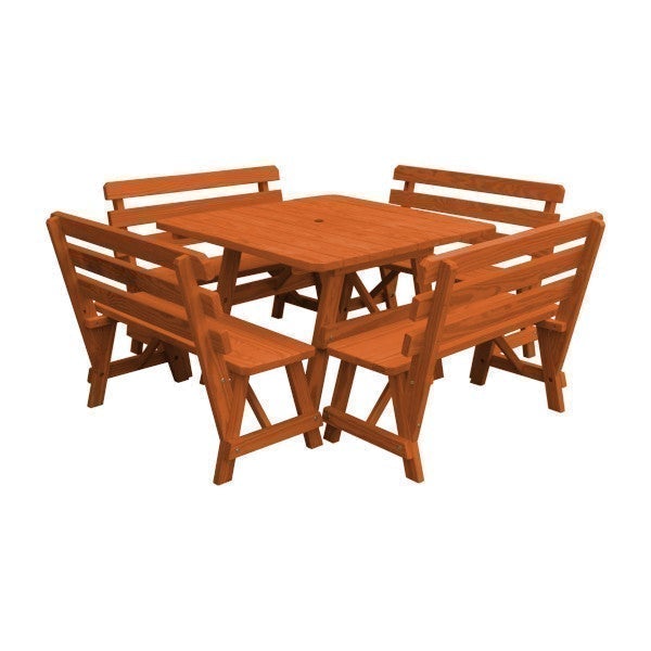 Yellow Pine Square Picnic Table with 4 Backed Benches Picnic Table Redwood Stain / Include Standard Size Umbrella Hole