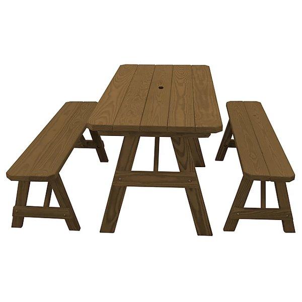 Yellow Pine Traditional Picnic Table with 2 Benches Picnic Table 5ft / Mushroom Stain / Include Standard Size Umbrella Hole