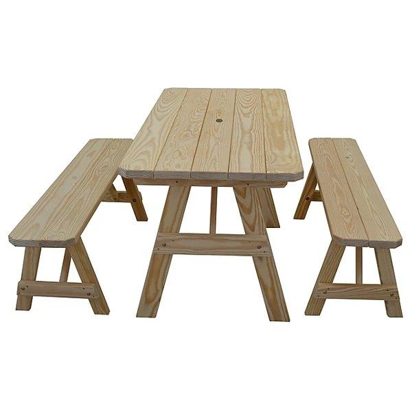 Yellow Pine Traditional Picnic Table with 2 Benches Picnic Table 5ft / Unfinished / Include Standard Size Umbrella Hole
