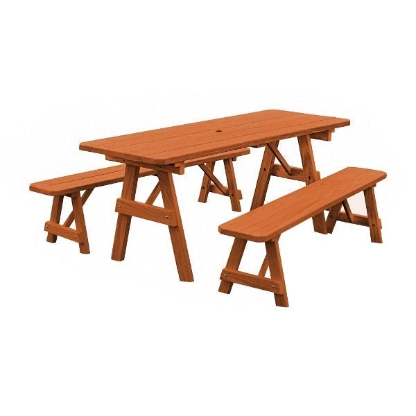 Yellow Pine Traditional Picnic Table with 2 Benches – Size 6ft and 8ft Picnic Table 6ft / Redwood Stain / Include Standard Size Umbrella Hole