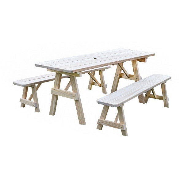 Yellow Pine Traditional Picnic Table with 2 Benches – Size 6ft and 8ft Picnic Table 6ft / Unfinished / Include Standard Size Umbrella Hole