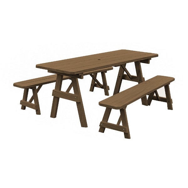 Yellow Pine Traditional Picnic Table with 2 Benches – Size 6ft and 8ft Picnic Table 8ft / Mushroom Stain / Include Standard Size Umbrella Hole